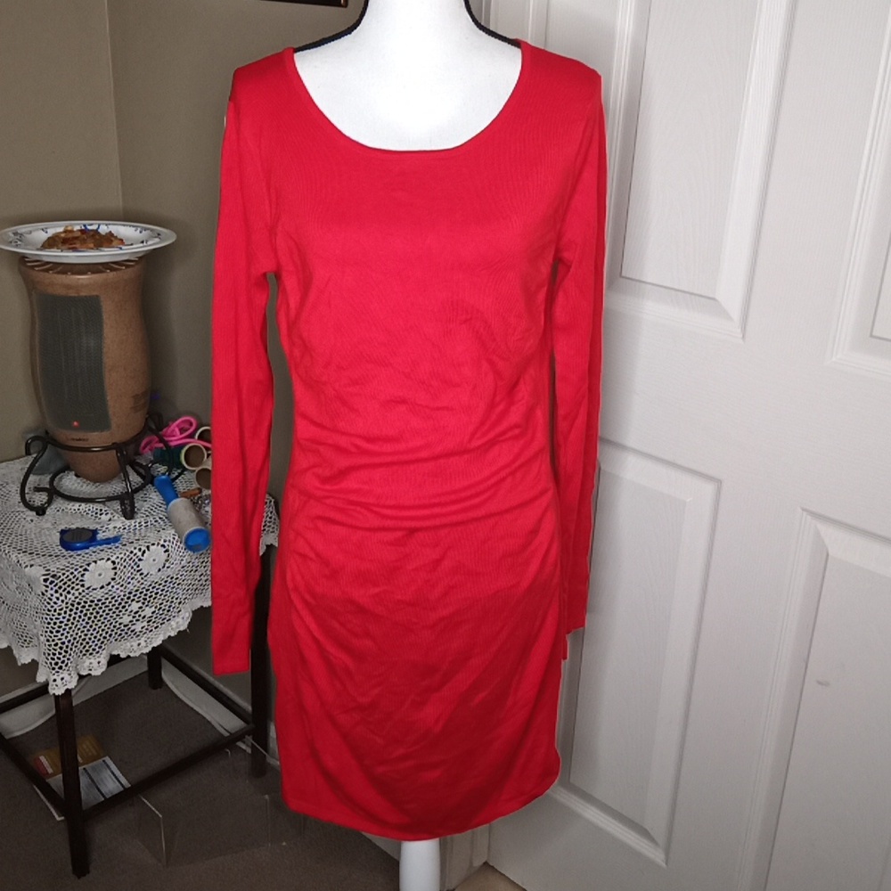 Express Red Lightweight Sweater Dress Sz. Large w/Side RouchinG